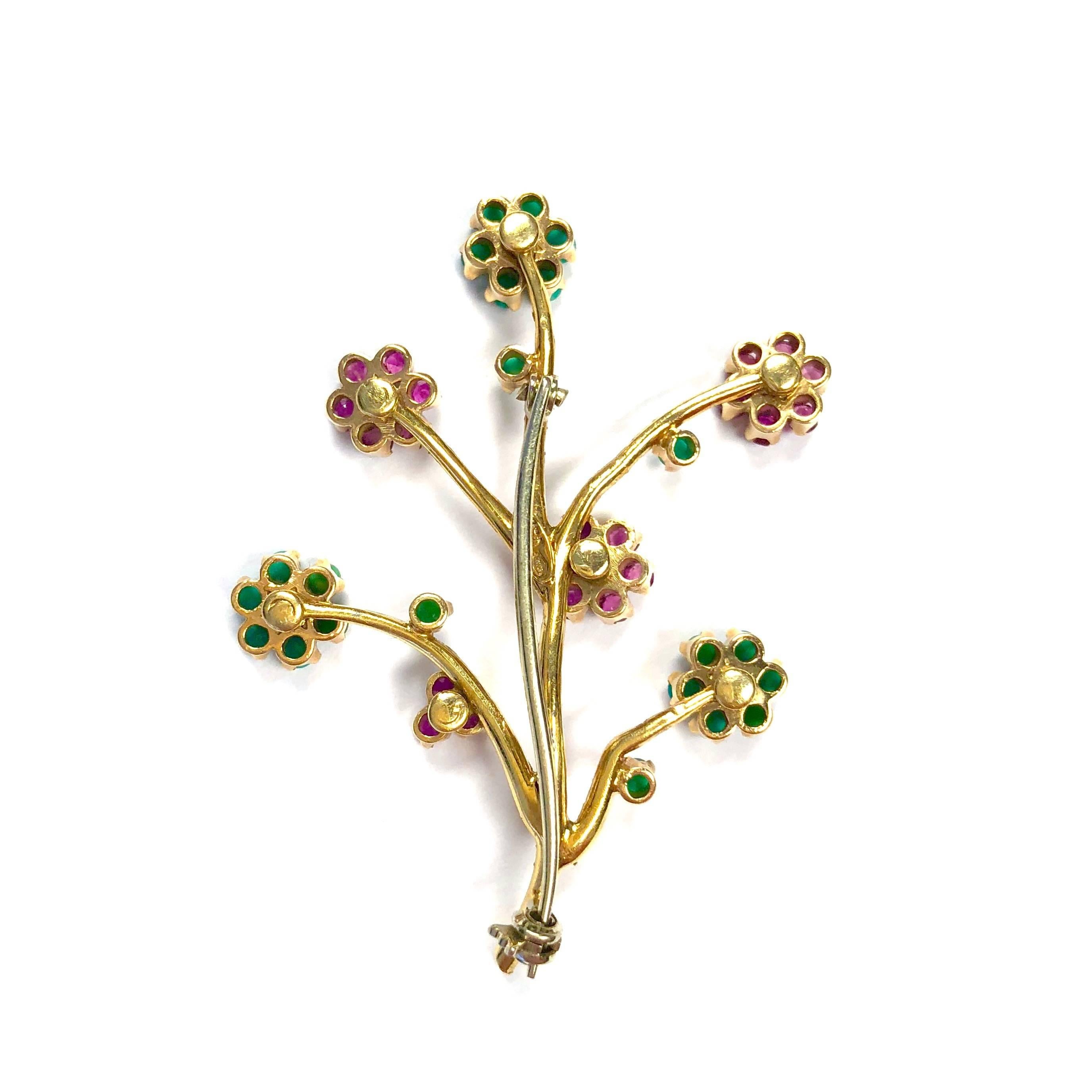 Vintage Ruby and Turquoise Articulating Flowers Gold Pin In Excellent Condition In Agoura Hills, CA