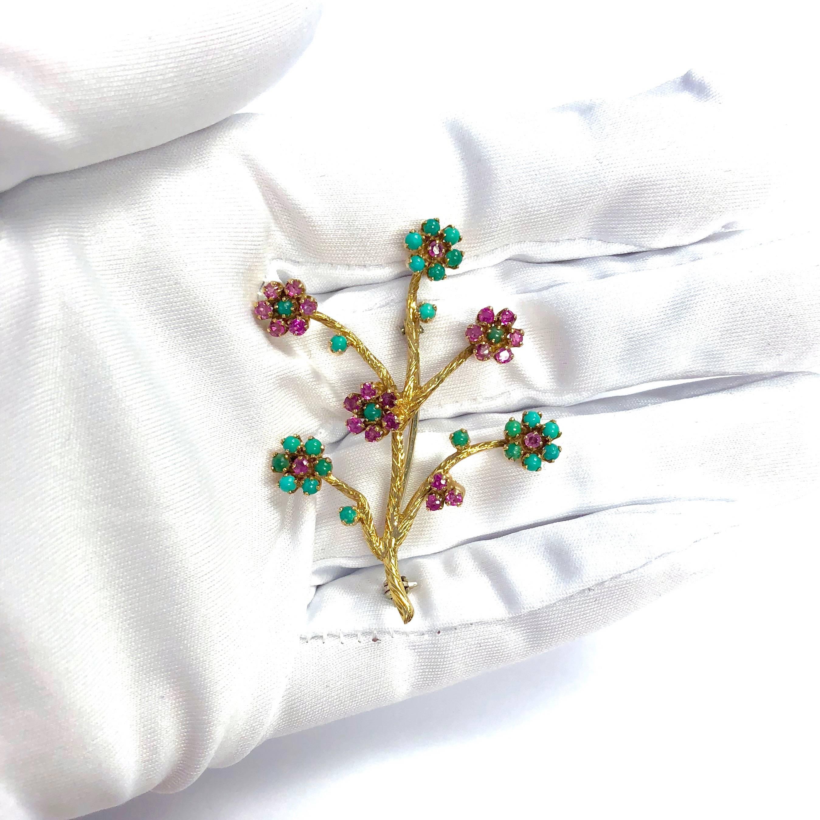 Vintage Ruby and Turquoise Articulating Flowers Gold Pin 1