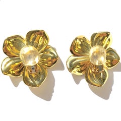 Vintage Van Cleef & Arpels Large Diamond and Gold Magnolia Flower Earrings