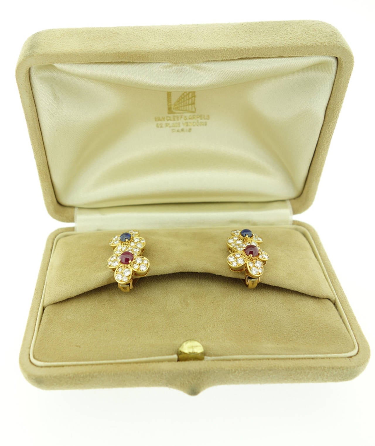 Van Cleef & Arpels Ruby Sapphire Diamond Gold Double Flower Earrings 3