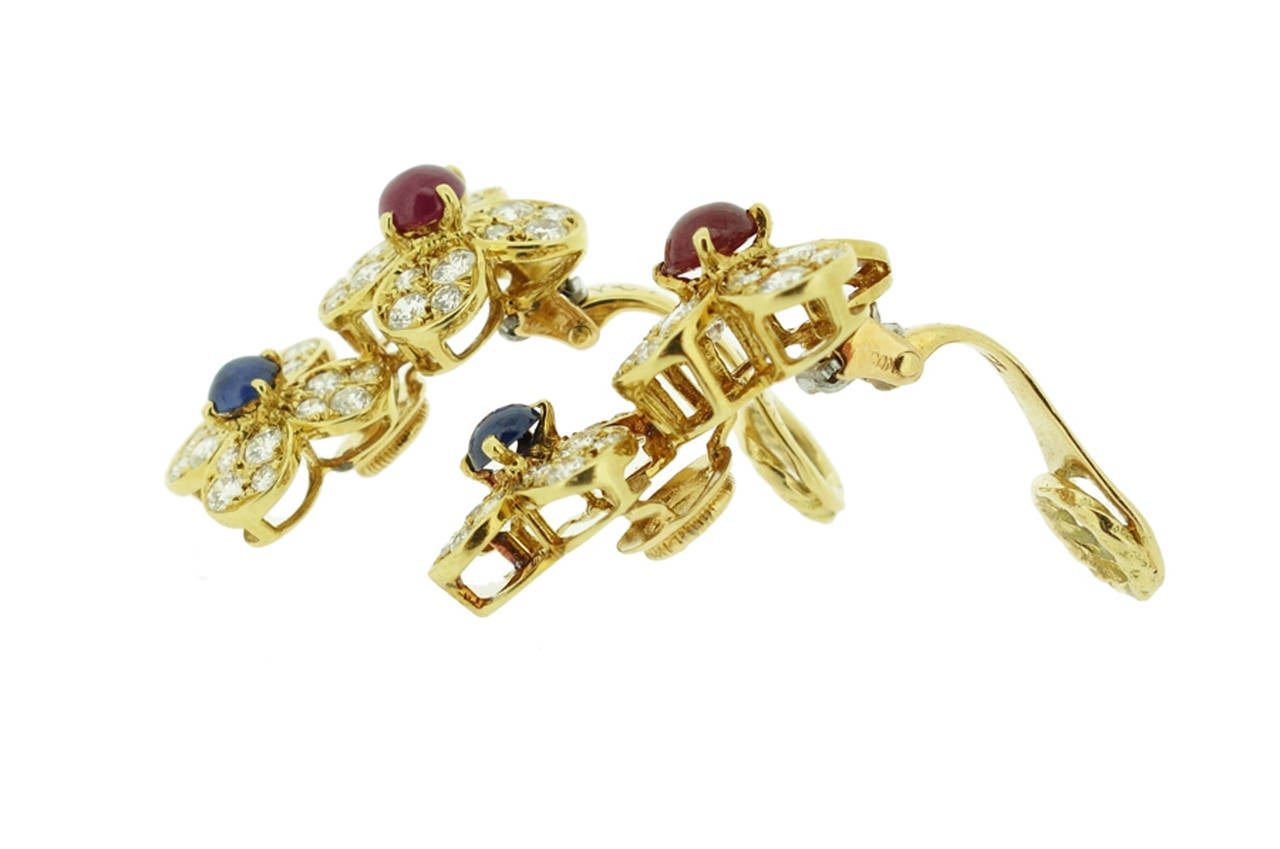 Van Cleef & Arpels Ruby Sapphire Diamond Gold Double Flower Earrings 4