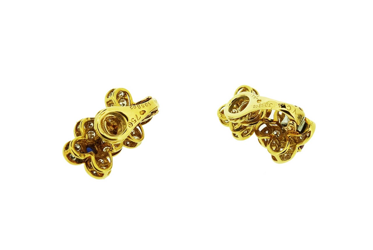 Women's Van Cleef & Arpels Ruby Sapphire Diamond Gold Double Flower Earrings