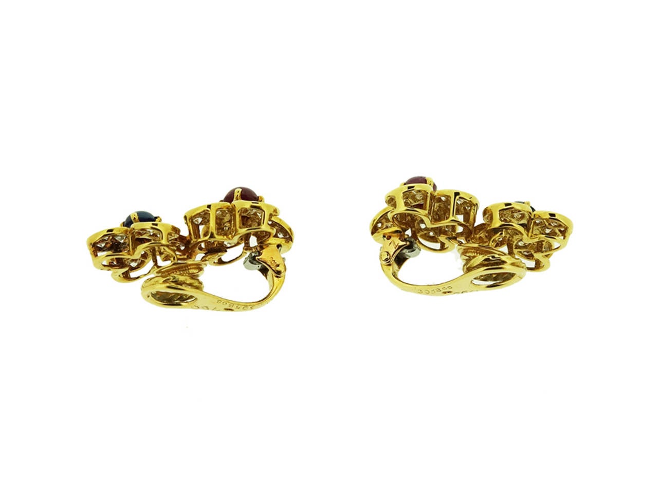 Van Cleef & Arpels Ruby Sapphire Diamond Gold Double Flower Earrings 1