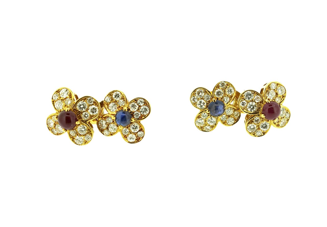 Van Cleef & Arpels Ruby Sapphire Diamond Gold Double Flower Earrings 2