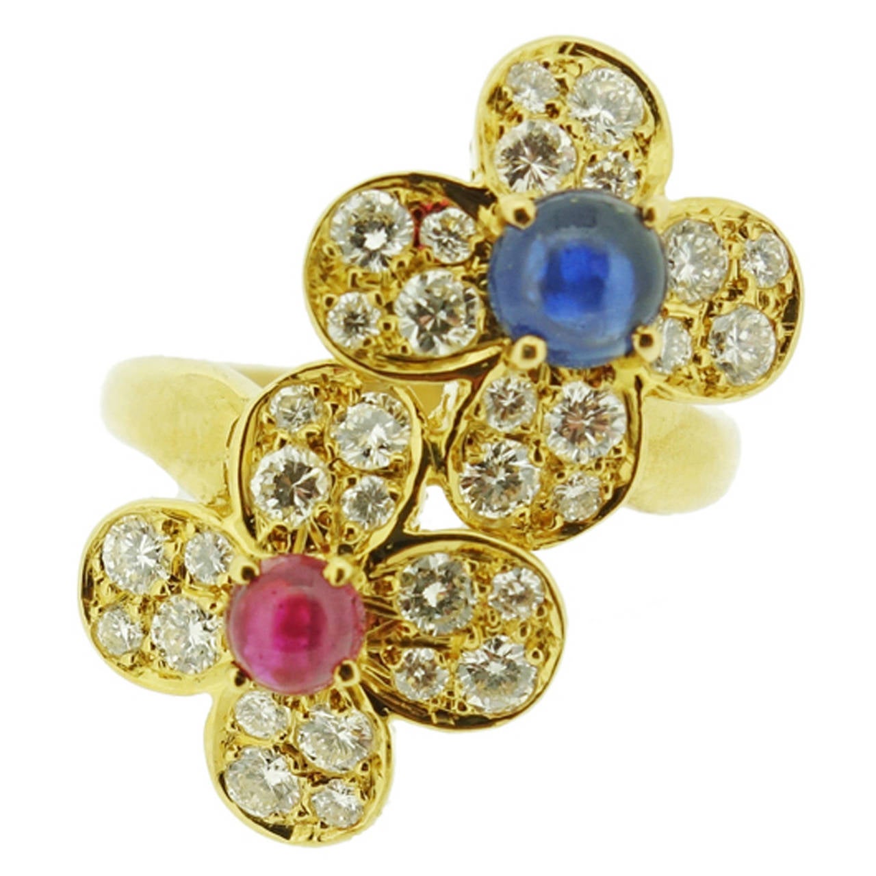 Van Cleef and Arpels Ruby Sapphire Diamond Gold Flower Cluster Ring at ...