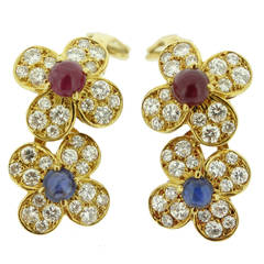 Van Cleef & Arpels Ruby Sapphire Diamond Gold Double Flower Earrings