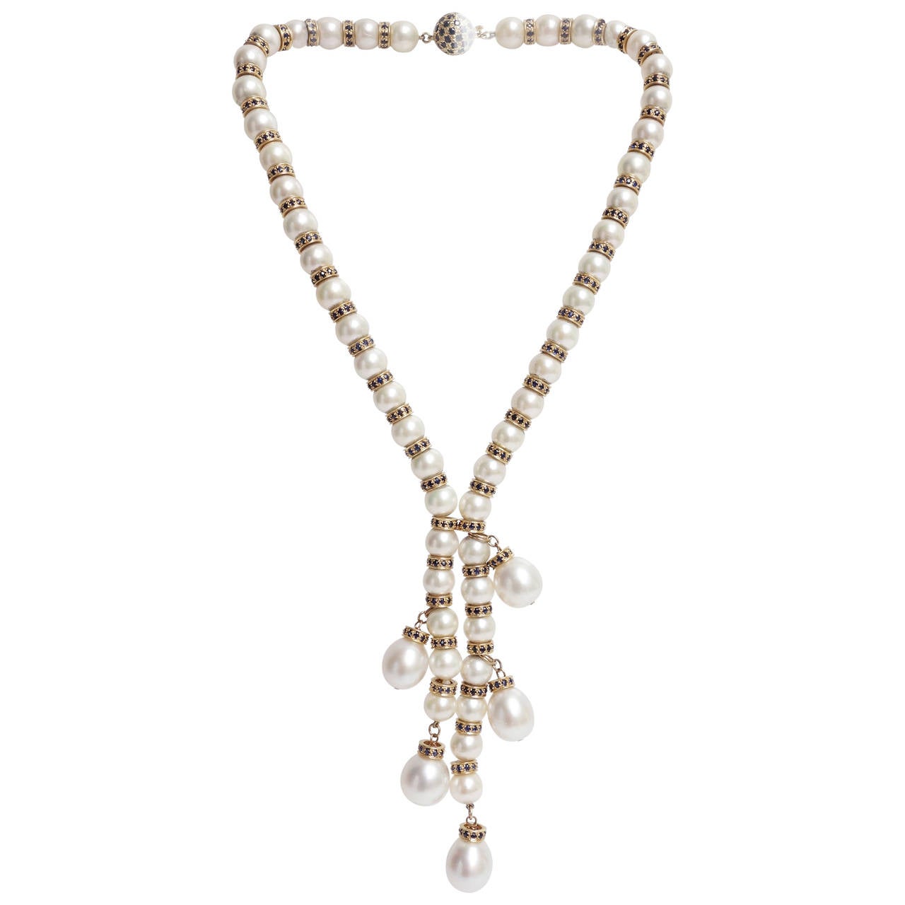 White South Sea Pearl Sapphire Gold Fringe Drop Necklace