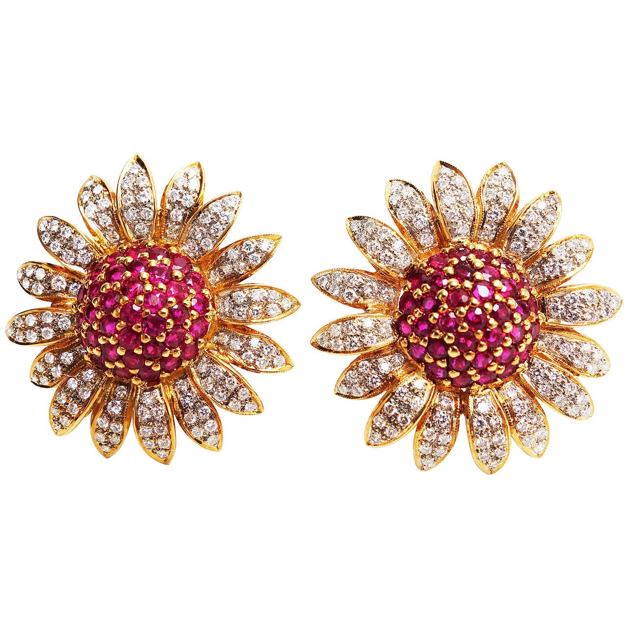 Large Ruby Diamond Gold Daisy Flower Earrings