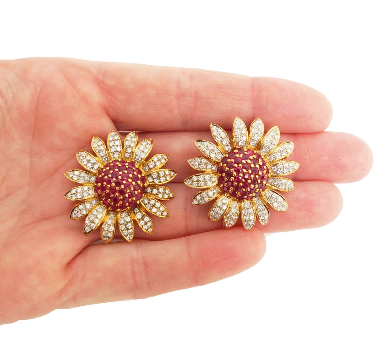 Women's Large Ruby Diamond Gold Daisy Flower Earrings