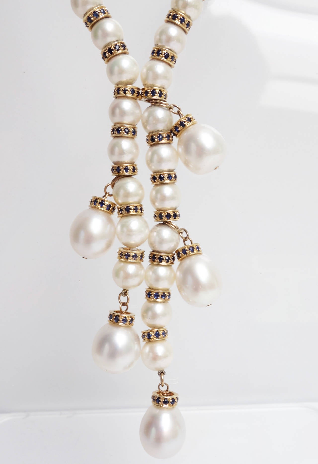 White South Sea Pearl Sapphire Gold Fringe Drop Necklace In Excellent Condition In Agoura Hills, CA