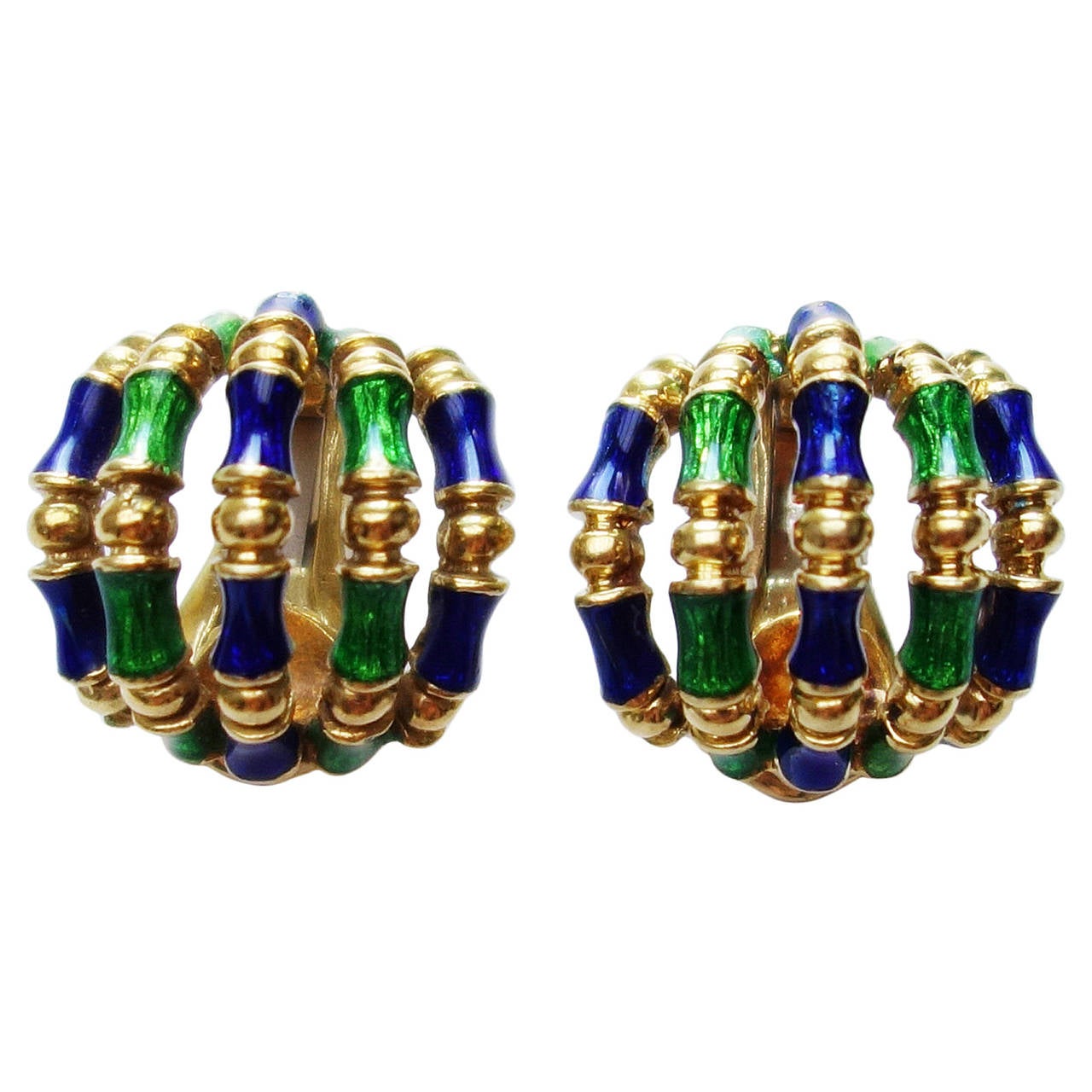 Tiffany & Co. Blue Green Enamel Gold Bamboo Earrings