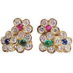 Van Cleef & Arpels Emerald Ruby Sapphire Diamond Gold Flower Earrings