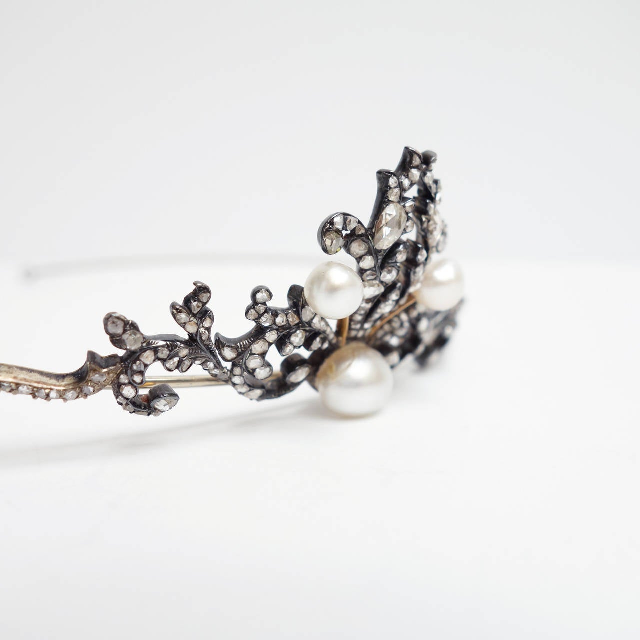 Women's Victorian Diamond Natural Pearls Silver Gold Scroll Tiara