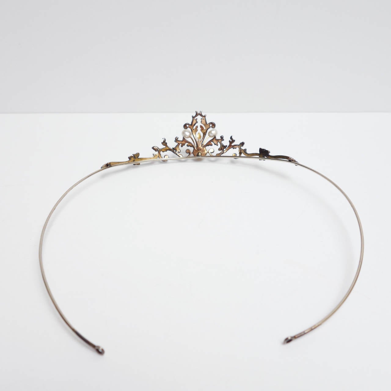 Victorian Diamond Natural Pearls Silver Gold Scroll Tiara In Excellent Condition In Agoura Hills, CA