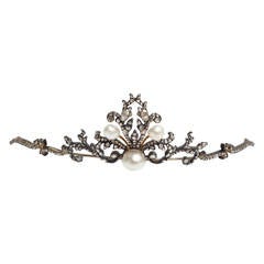 Antique Victorian Diamond Natural Pearls Silver Gold Scroll Tiara