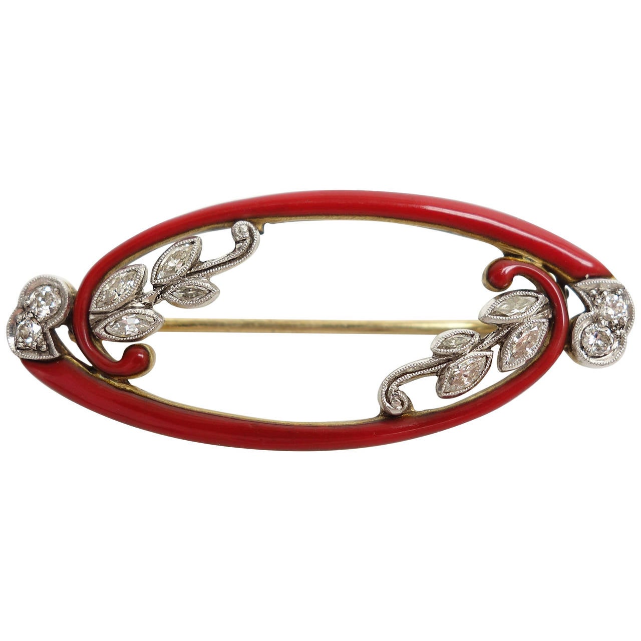 Gorgeous Art Deco Red Enamel Diamond Gold Platinum Brooch For Sale