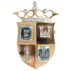Gorgeous Aquamarine Diamond Gold Platinum Crown and Shield Brooch