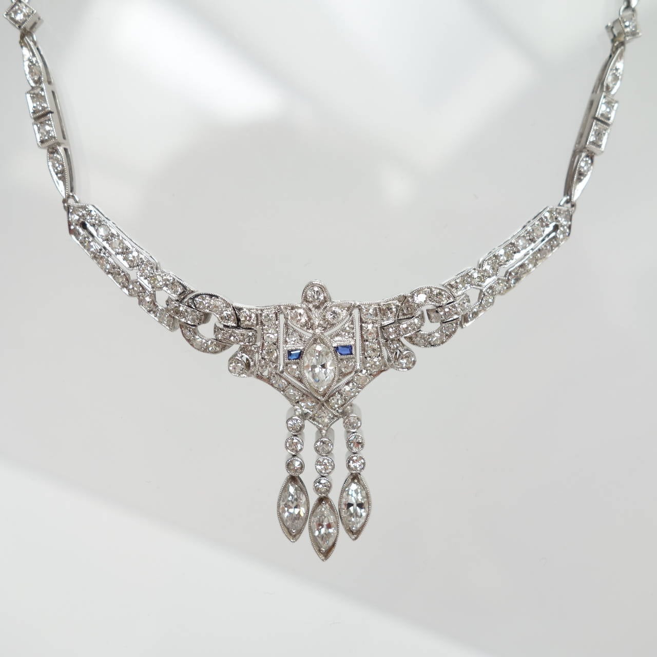 Elegant Art Deco Sapphire Diamond Platinum Necklace 2