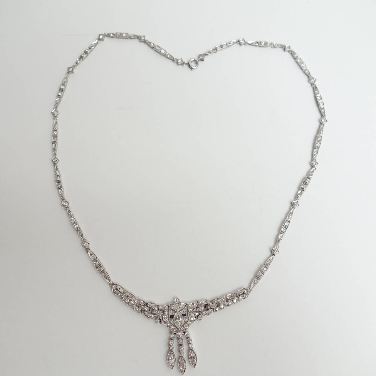Women's Elegant Art Deco Sapphire Diamond Platinum Necklace