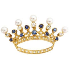Regal Sapphire with Diamond and Pearl Yellow Gold Large Crown Pin Brooch