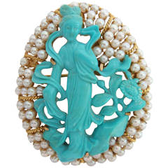 1950s Carved Chinese Turquoise Pearl Gold Brooch Pendant