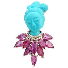 Oriental Lady Turquoise with Ruby and White Gold Brooch Pin