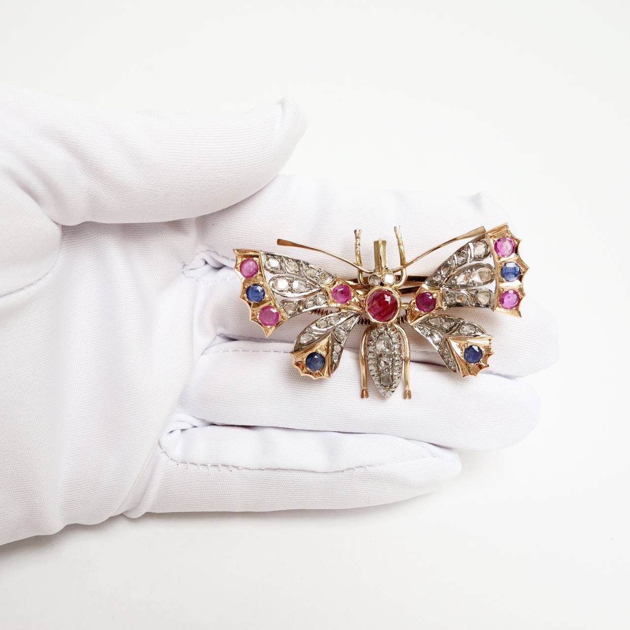 Edwardian Sapphire and Diamond Gold Butterfly with Articulated Wings Brooch 2