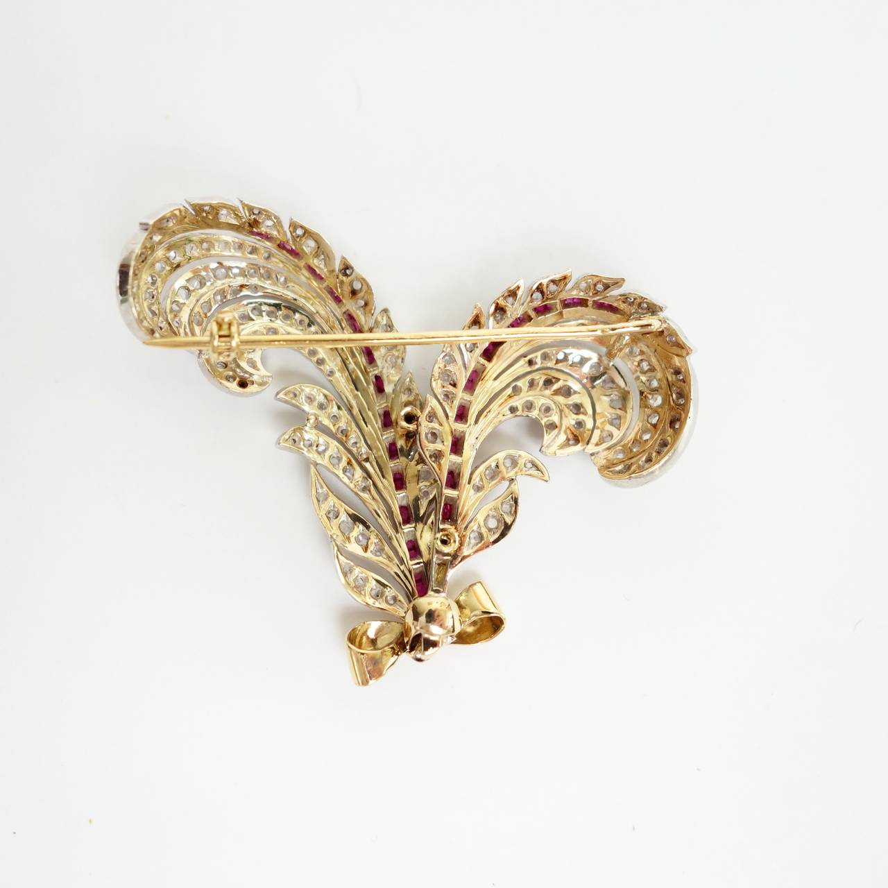 Women's Art Deco Ruby, Diamond, Yellow Gold and Silver Fan Brooch Pin
