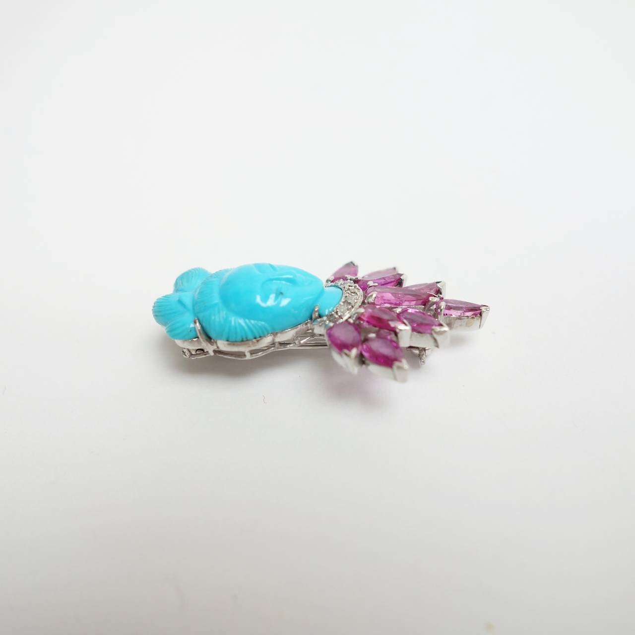 Oriental Lady Turquoise with Ruby and White Gold Brooch Pin In Excellent Condition In Agoura Hills, CA