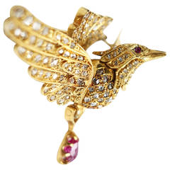 Victorian Diamond, Ruby and Gold Articulated Bird Brooch Pin