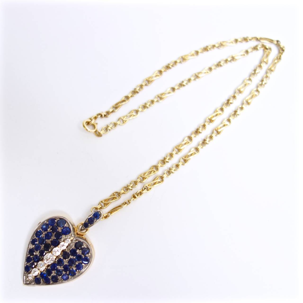 Amazing Late 1890s French Sapphire Diamond Silver Gold Heart Locket Pendant In Excellent Condition For Sale In Agoura Hills, CA