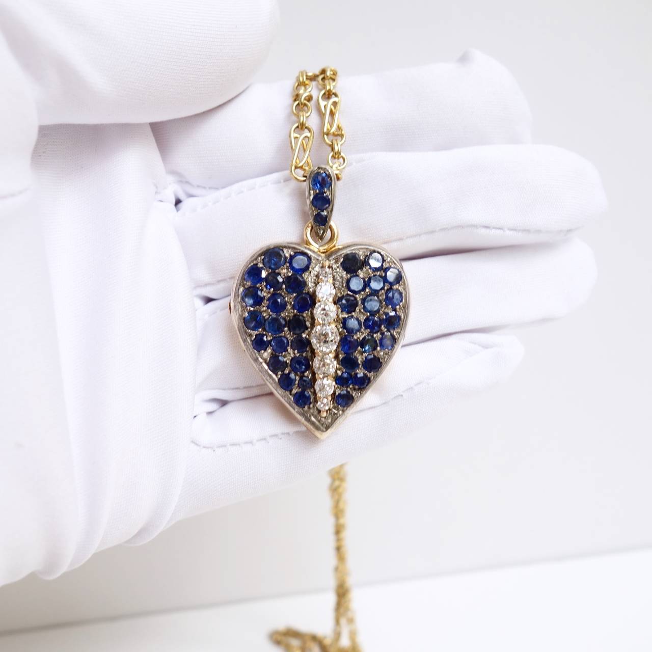 Women's Amazing Late 1890s French Sapphire Diamond Silver Gold Heart Locket Pendant For Sale