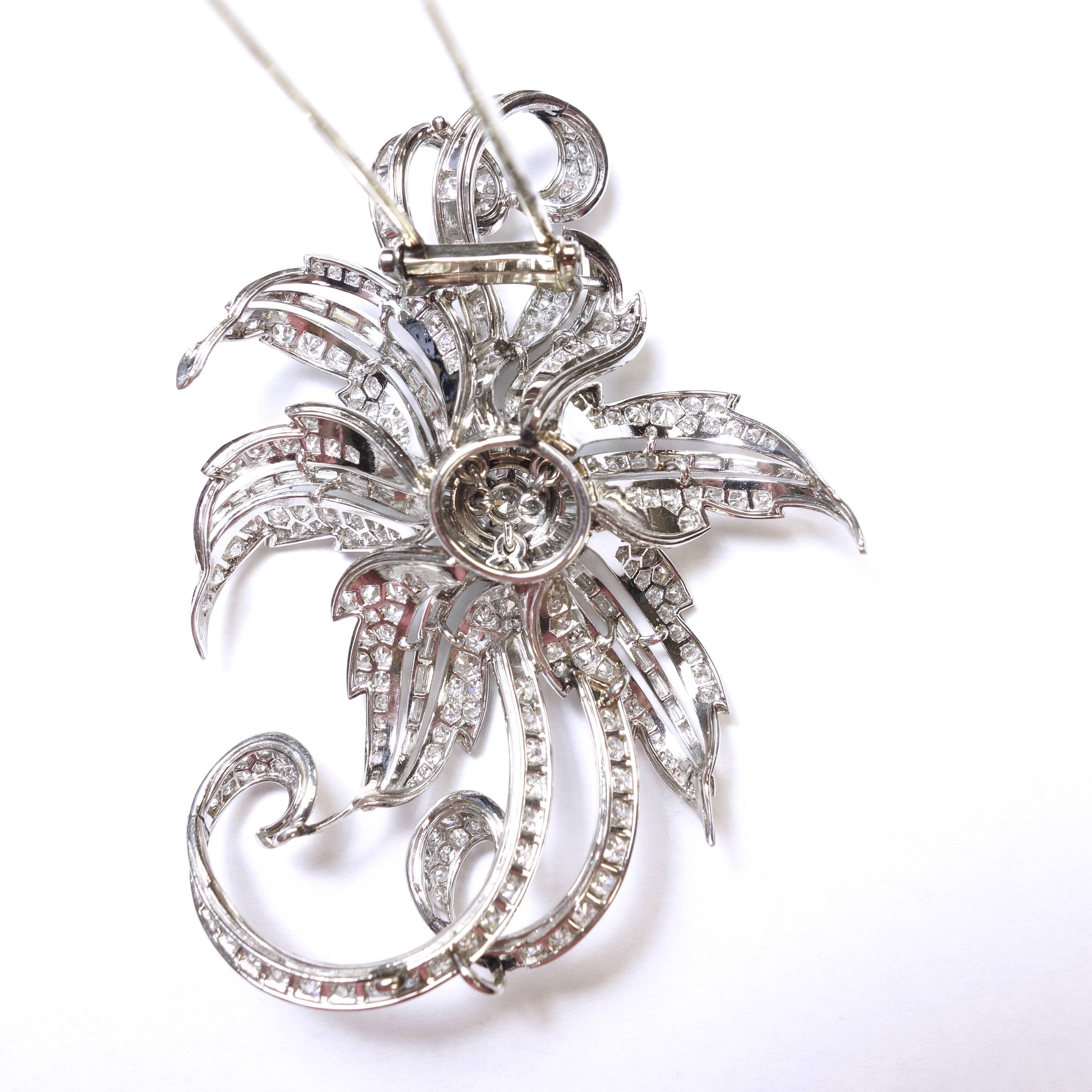 Amazing vintage French Platinum flower brooch covered with diamonds. 
Approximate total diamond weight: 10.0ct. Color: F-G, Clarity: VS1-SI1. 
The center stone is an approximately 0.80ct round brilliant cut diamond. 
Color: F, Clarity: SI-1.
