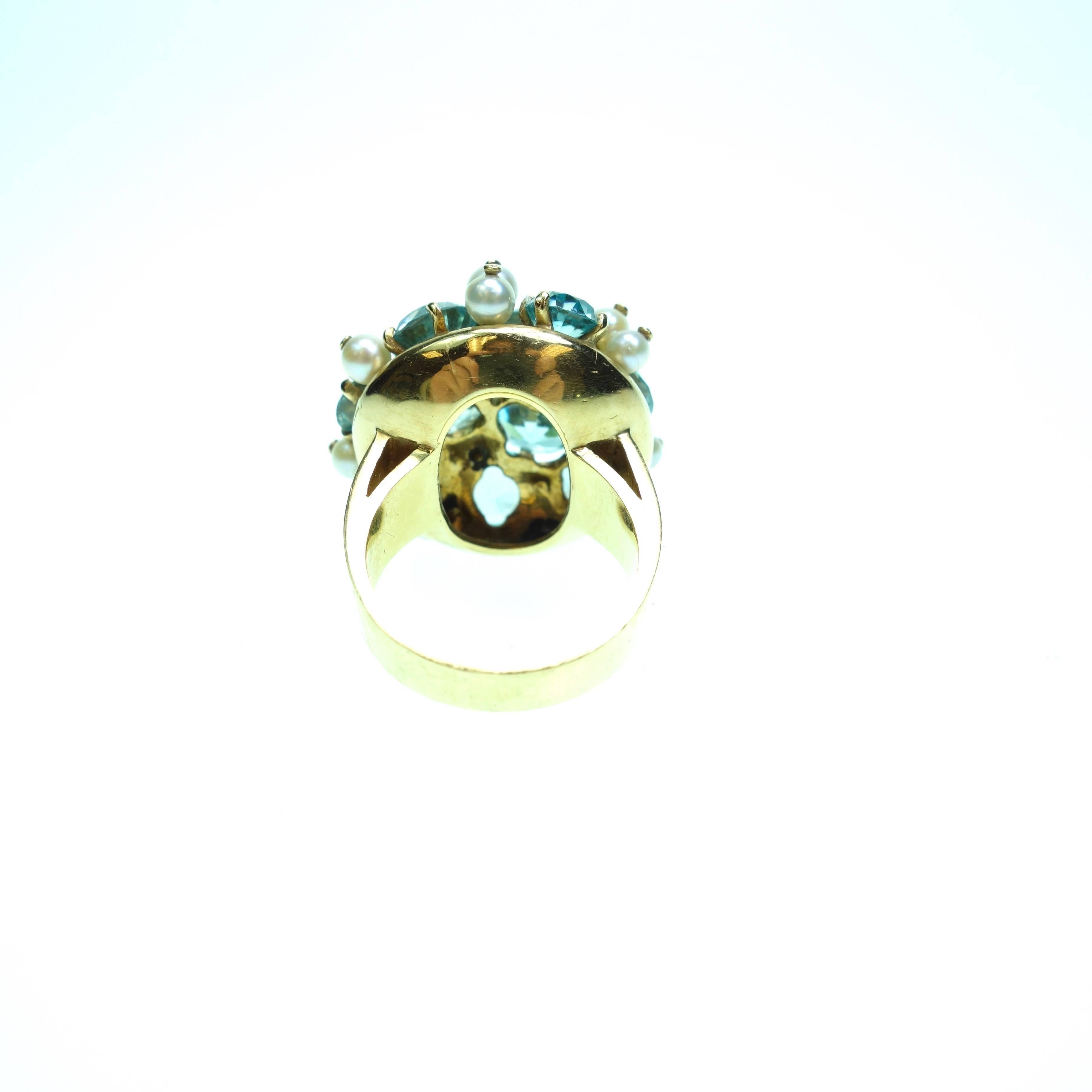 Women's 1930s Blue Zircon Pearl Gold Ring For Sale