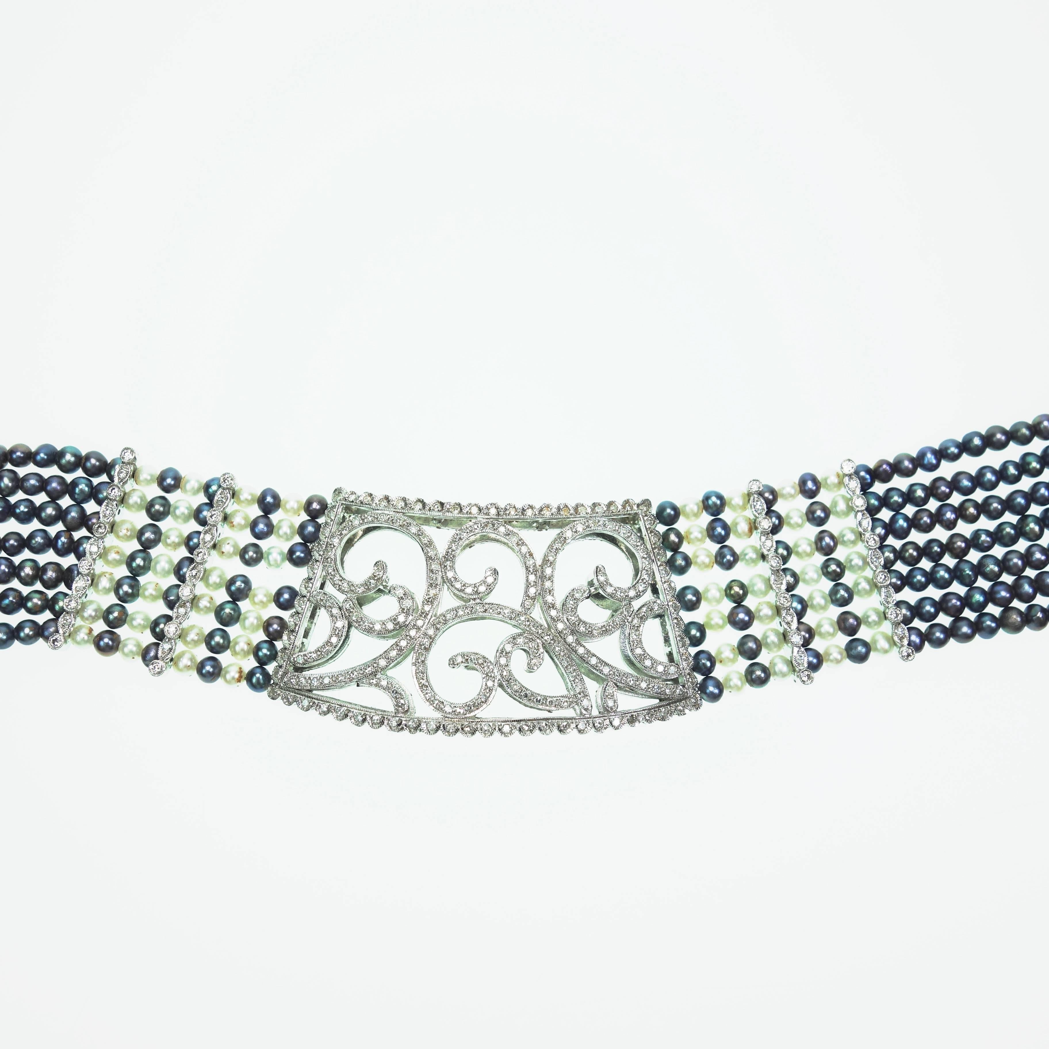Cristina Ferrare Multi Strand Cultured Pearl Diamond gold Choker Necklace In Excellent Condition In Agoura Hills, CA