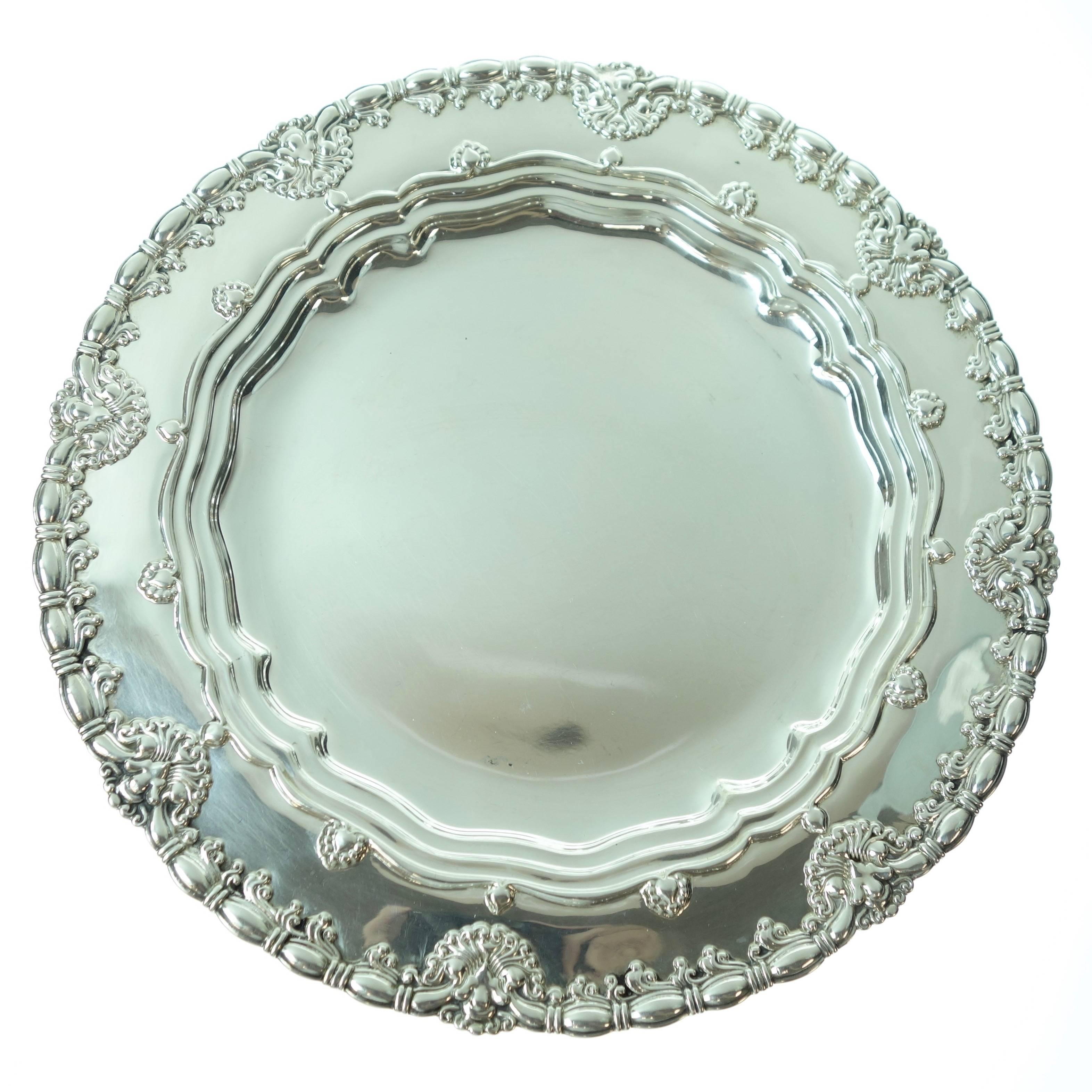 This magnificent set of Tiffany & Co. Sterling Silver plates has the
same pattern as a set made for J.P.Morgan in 1895. The Morgan set is
documented in Charles H. Carpenter, Jr.'s book, Tiffany Silver. 

The plates are each fully hallmarked