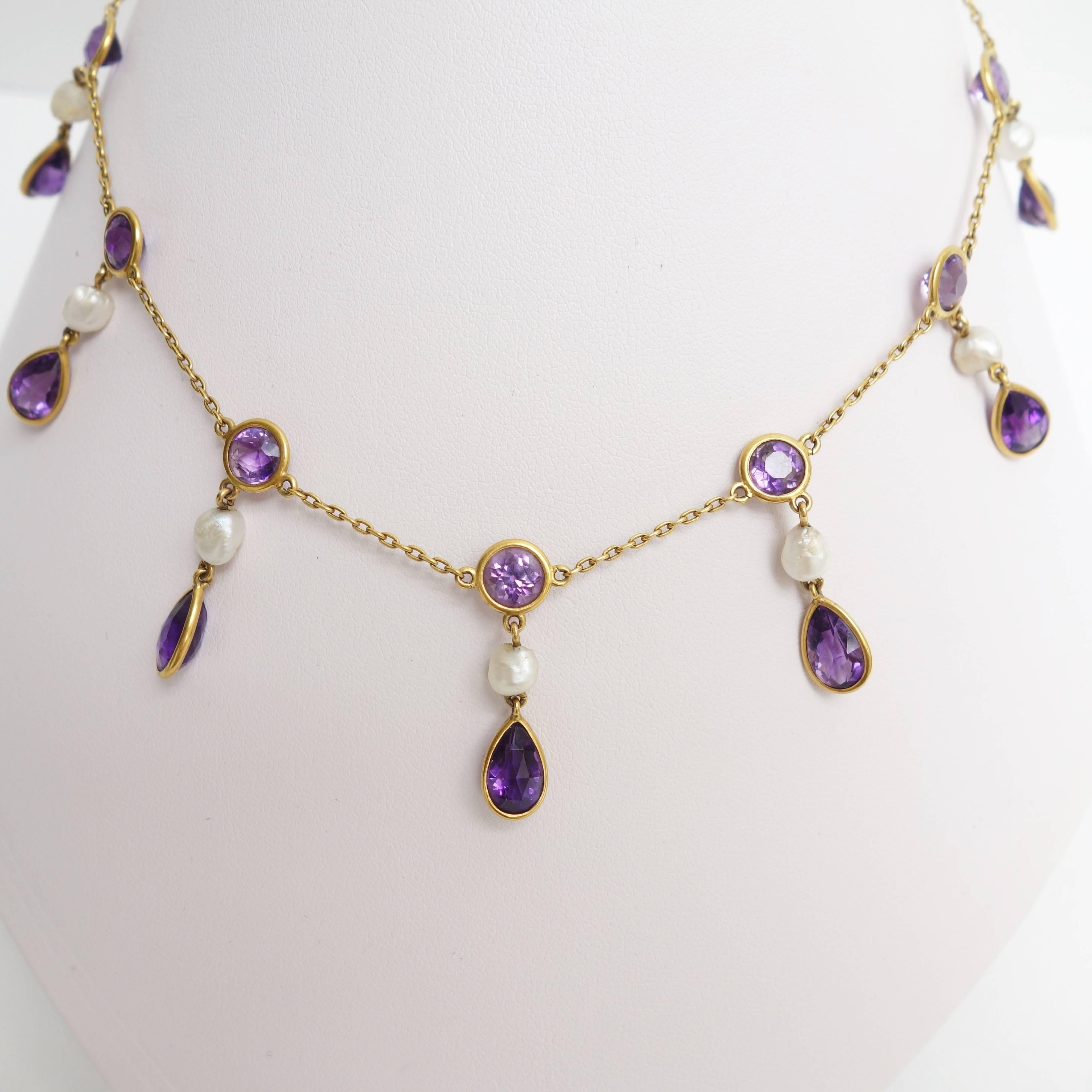 Victorian Amethyst Pearl Yellow Gold Pendants Necklace In Excellent Condition For Sale In Agoura Hills, CA