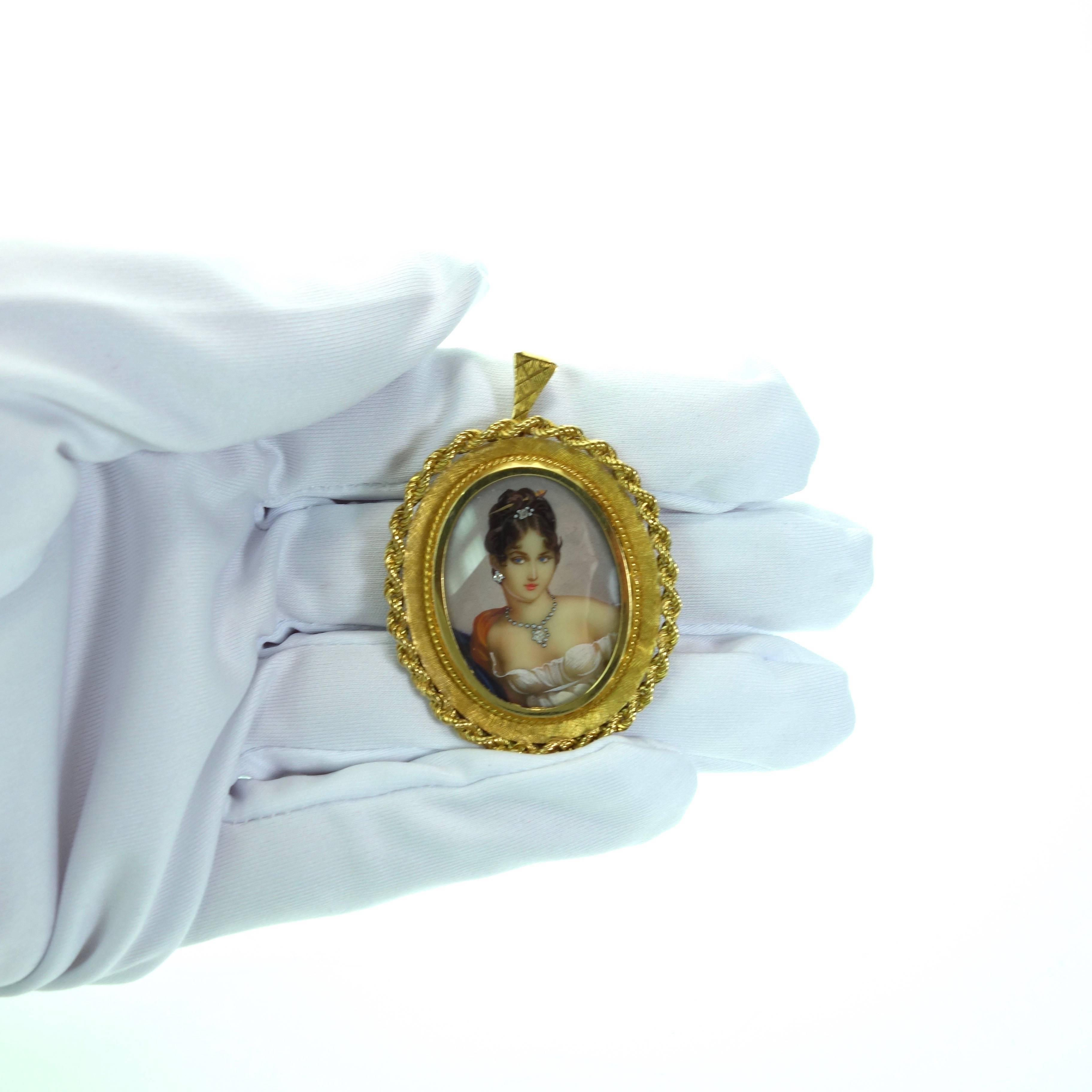 1960s Gorgeous Hand-Painted Gold Portrait Pin Pendant In Excellent Condition In Agoura Hills, CA