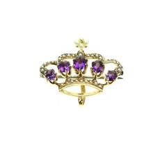 Victorian Amethyst and Seed Pearl Gold Crown Brooch