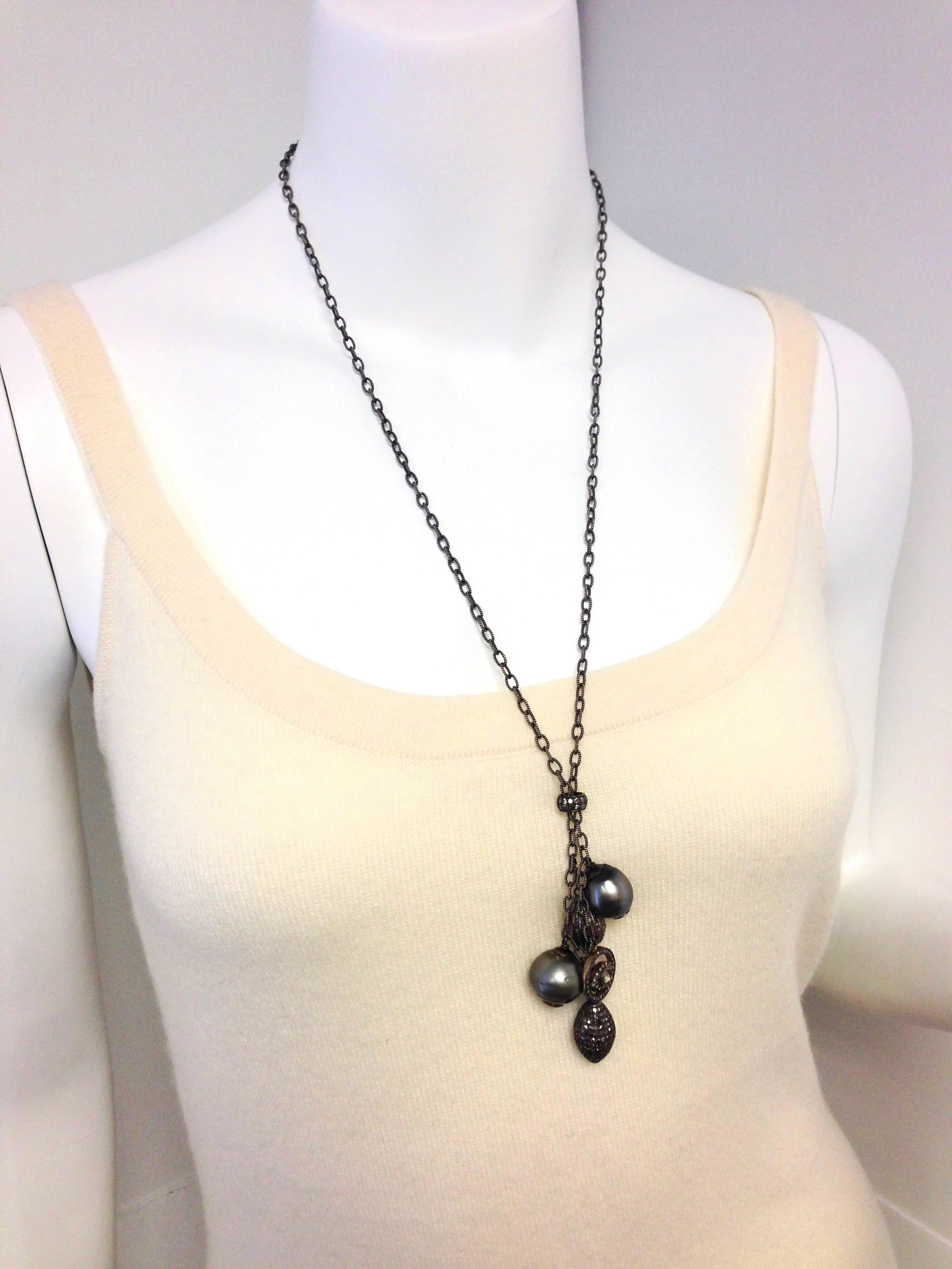 Large Black Tahitian Pearl and Diamond Long Black Chain Necklace In Excellent Condition In Agoura Hills, CA