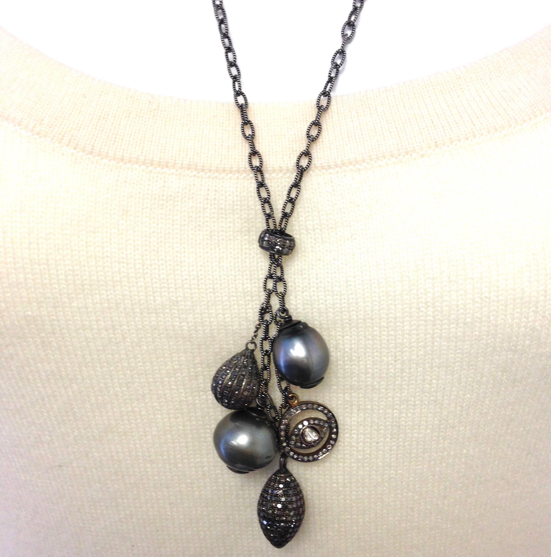 Women's Large Black Tahitian Pearl and Diamond Long Black Chain Necklace