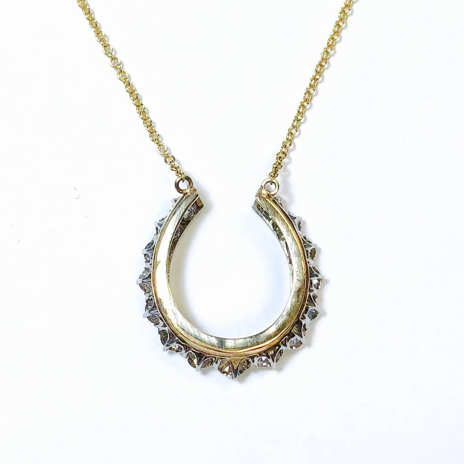 Round Cut Antique 2 Carats of Diamonds Horse Shoe Gold Necklace