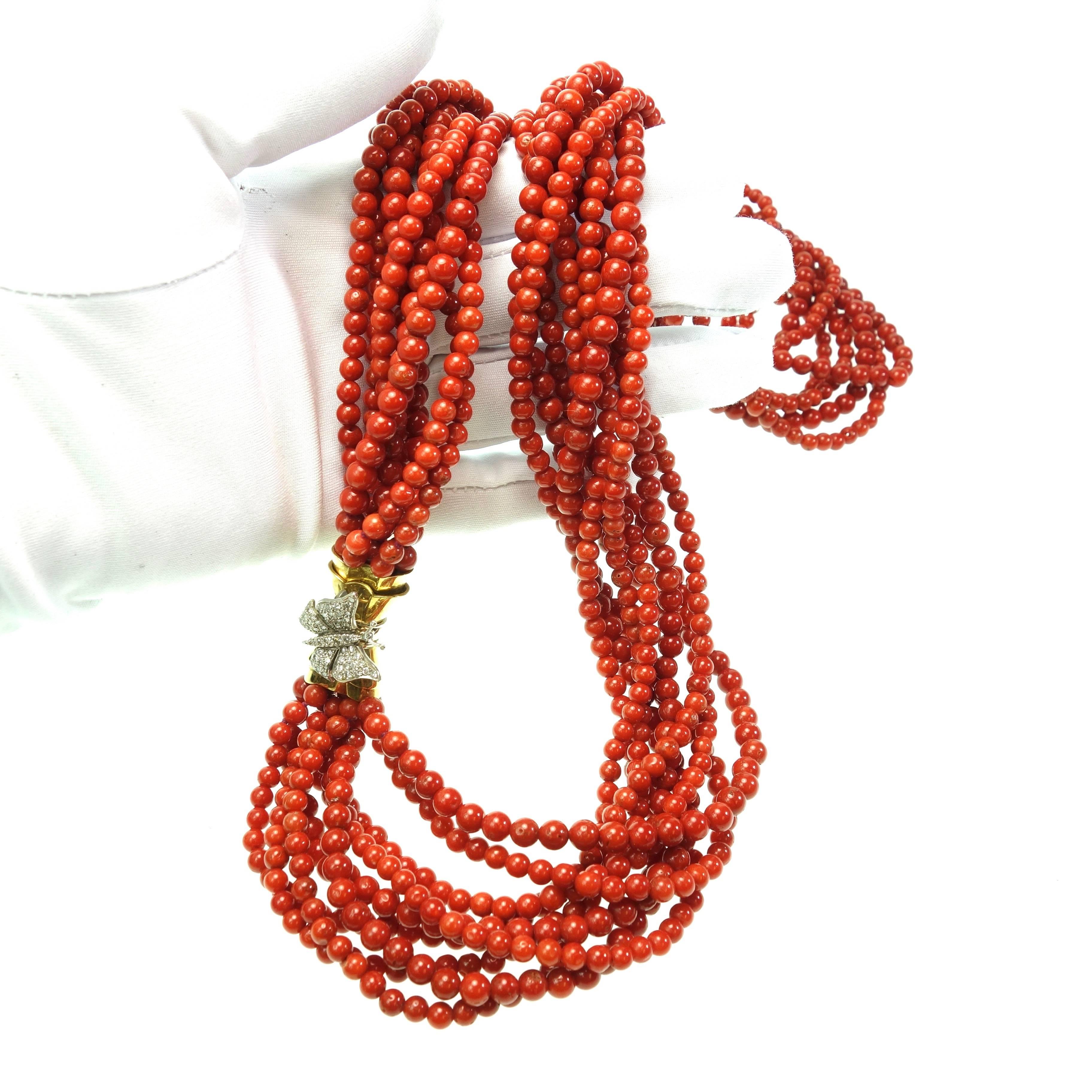 Multi Strand Natural Red Coral Bead Necklace with Diamond Set Butterfly Clasp In Excellent Condition In Agoura Hills, CA