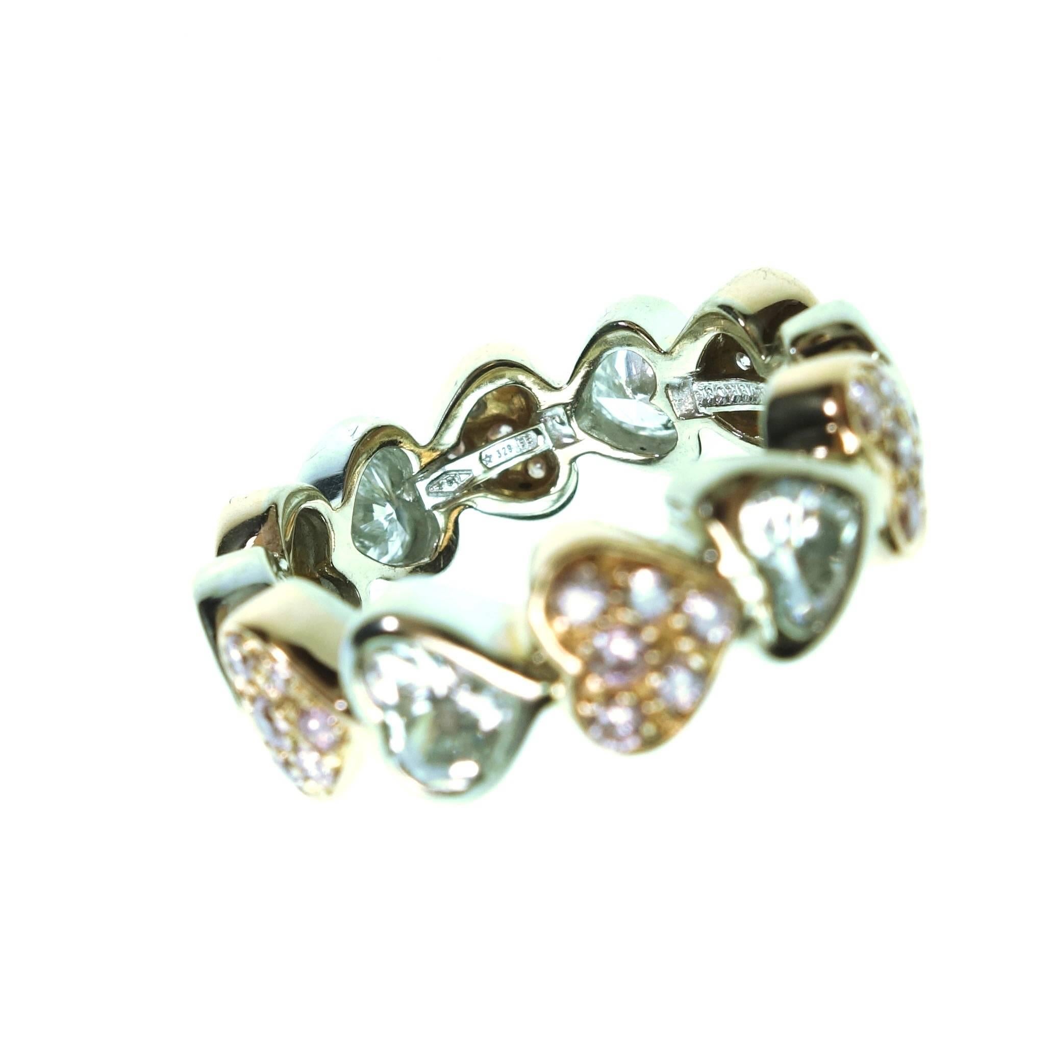Women's Gorgeous Ambrosi Pink and White Diamond Gold Hearts Band Ring