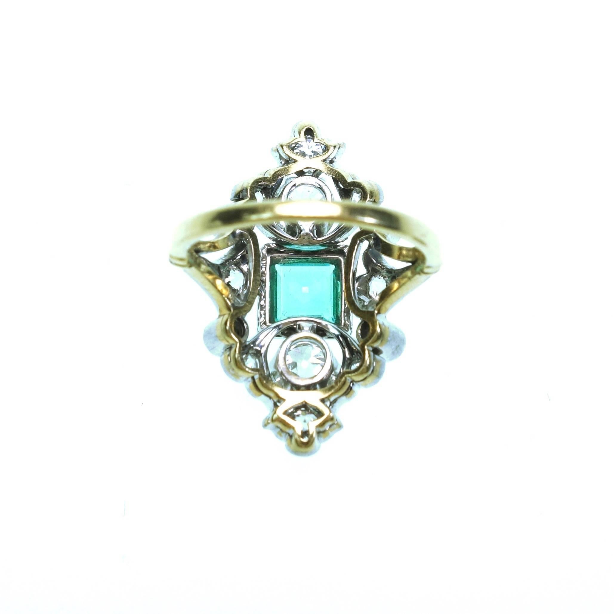 Antique Emerald Diamond Gold Platinum Ring  In Excellent Condition In Agoura Hills, CA