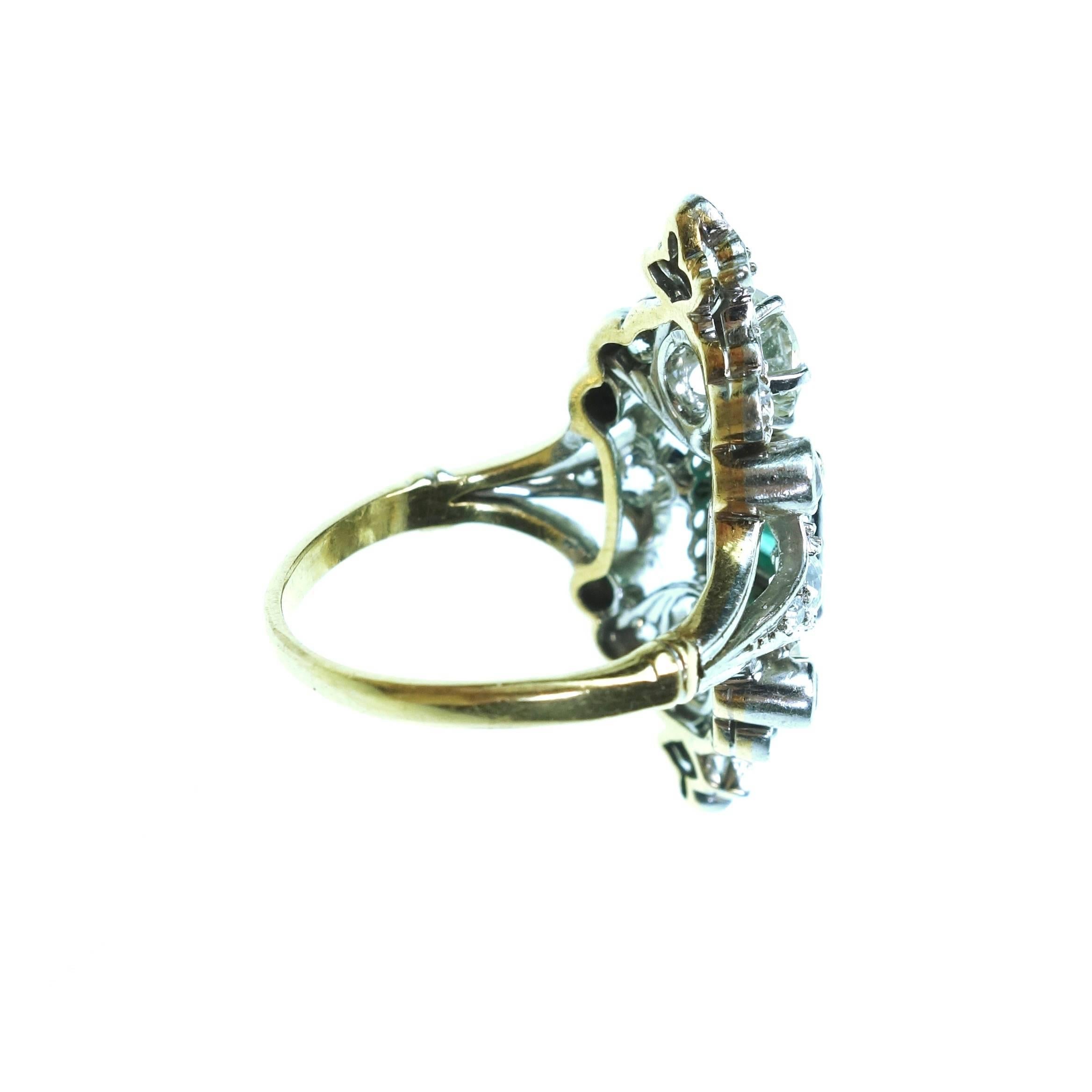 Women's Antique Emerald Diamond Gold Platinum Ring 