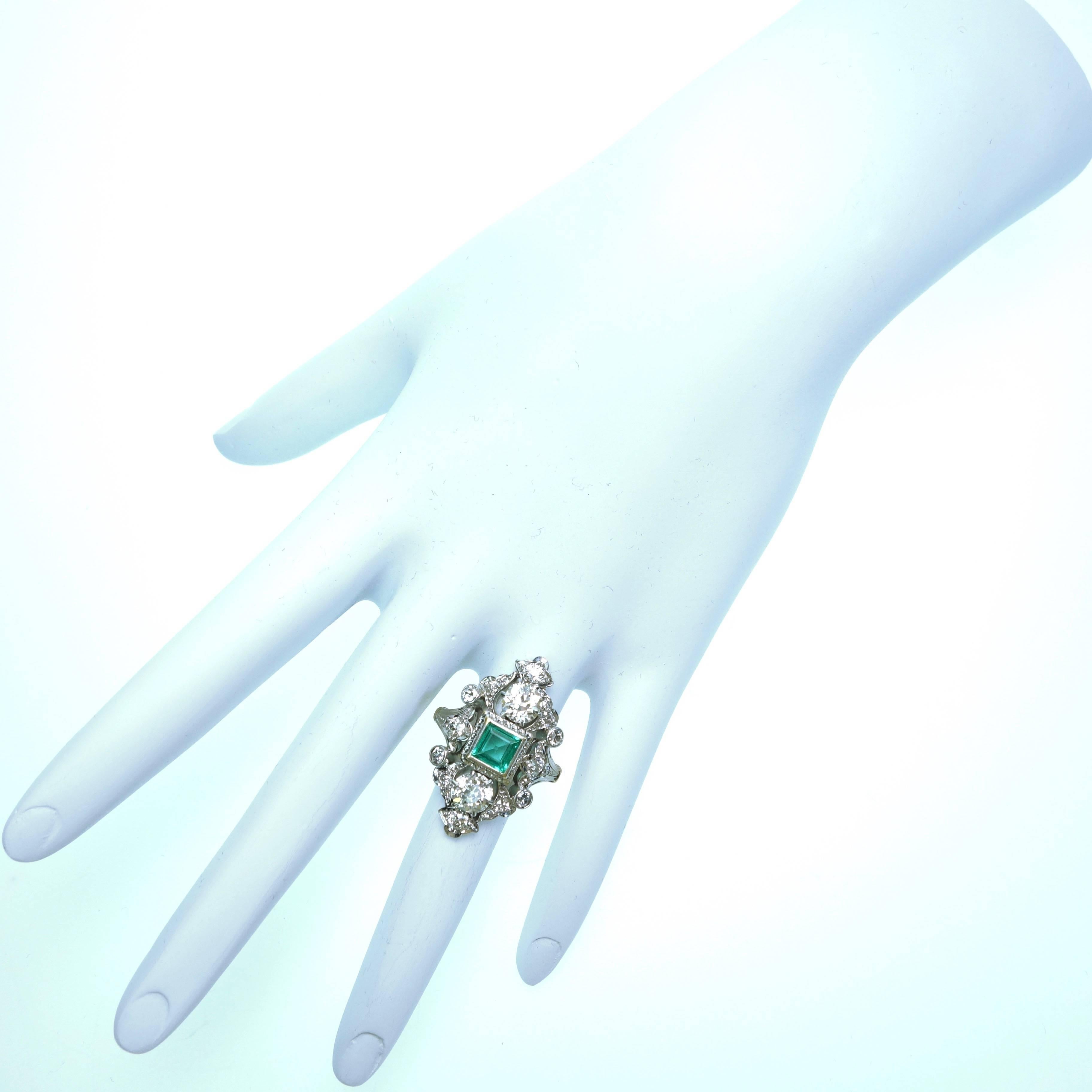 Antique Emerald Diamond Gold Platinum Ring  1
