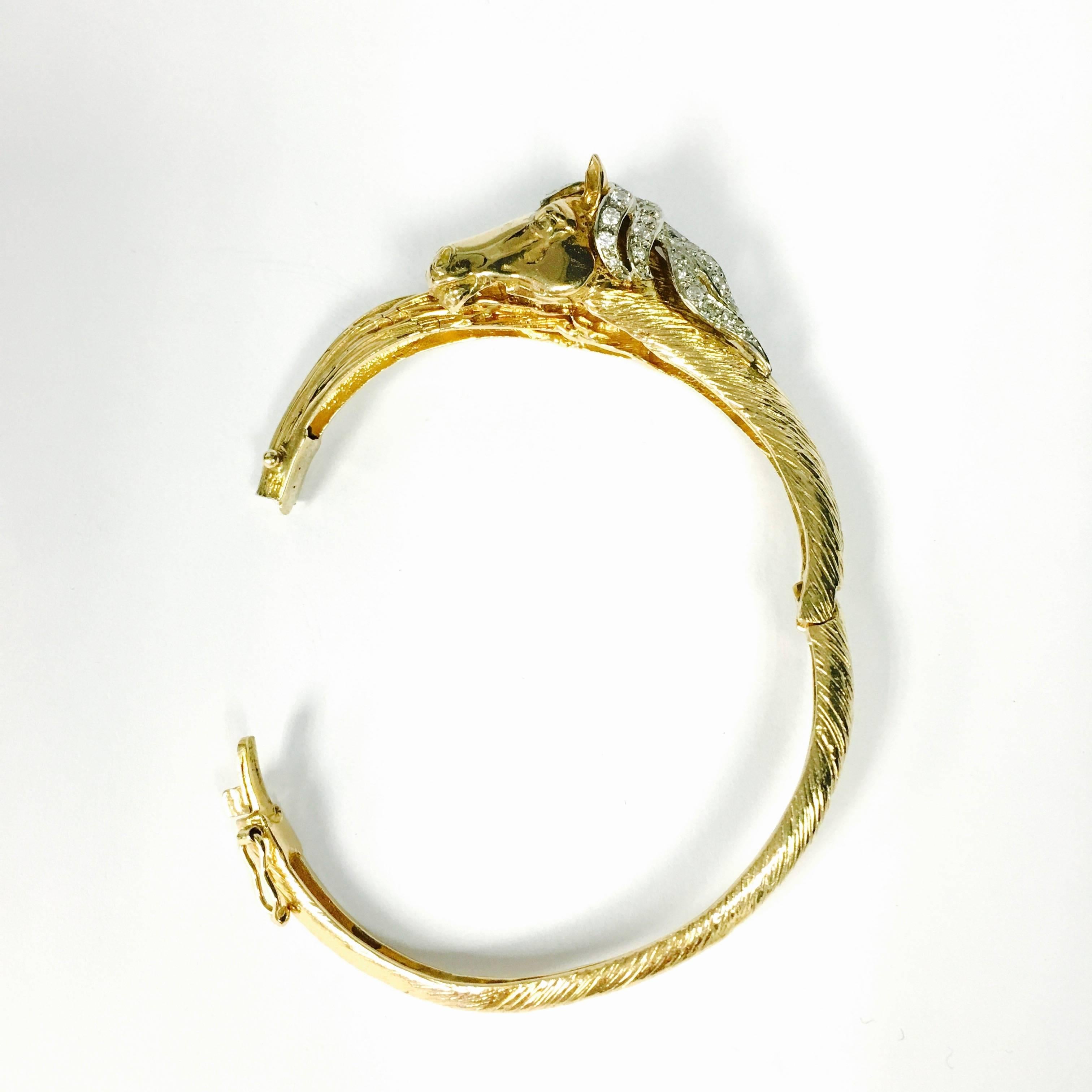 Diamond Gold Horse Bangle Bracelet In Excellent Condition In Agoura Hills, CA