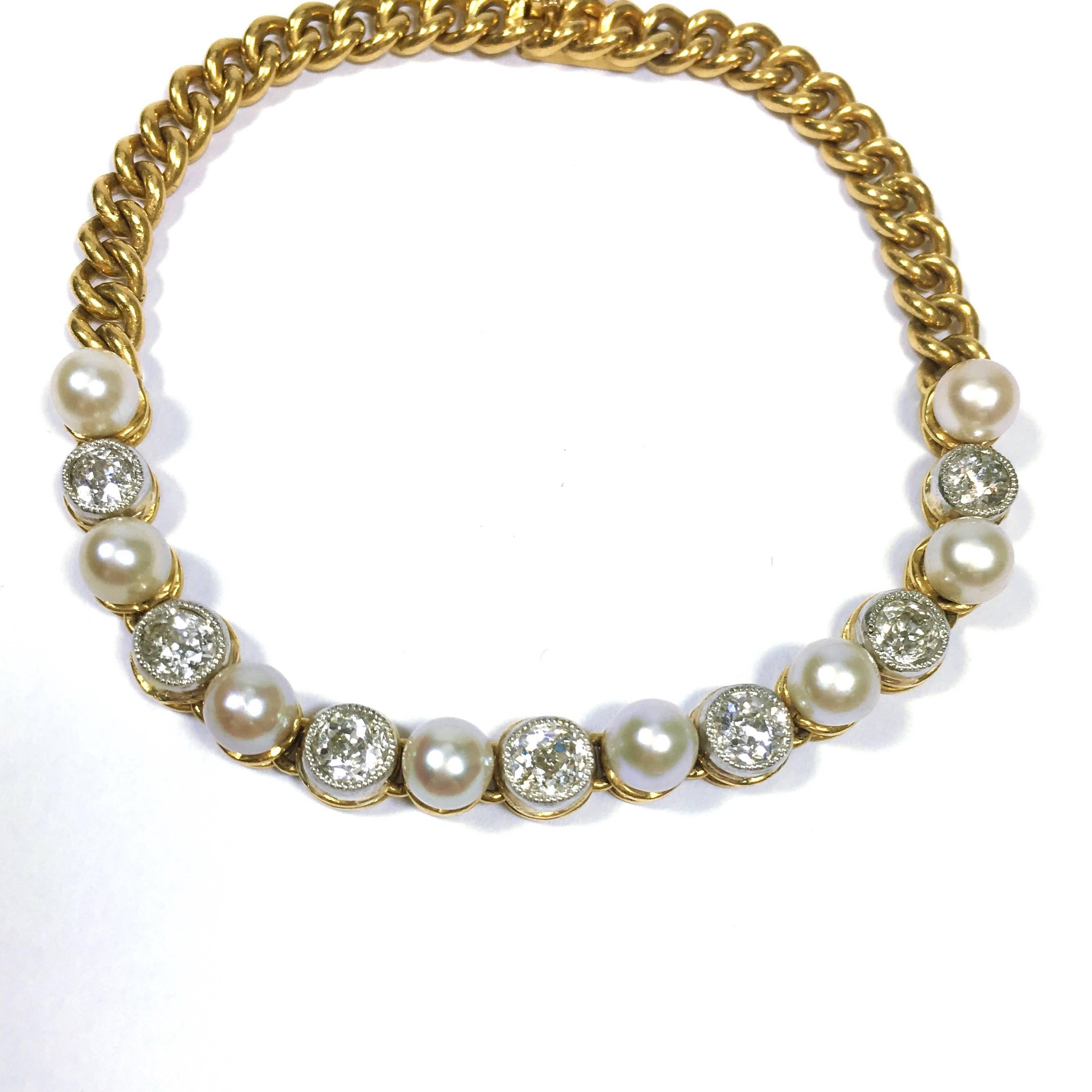 Late 19th century 18K yellow gold bracelet, featuring eight GIA certified natural pearls and seven round diamonds set in platinum, approximate total weight of 7 stones: 1.75ct. 
Length: 6.5