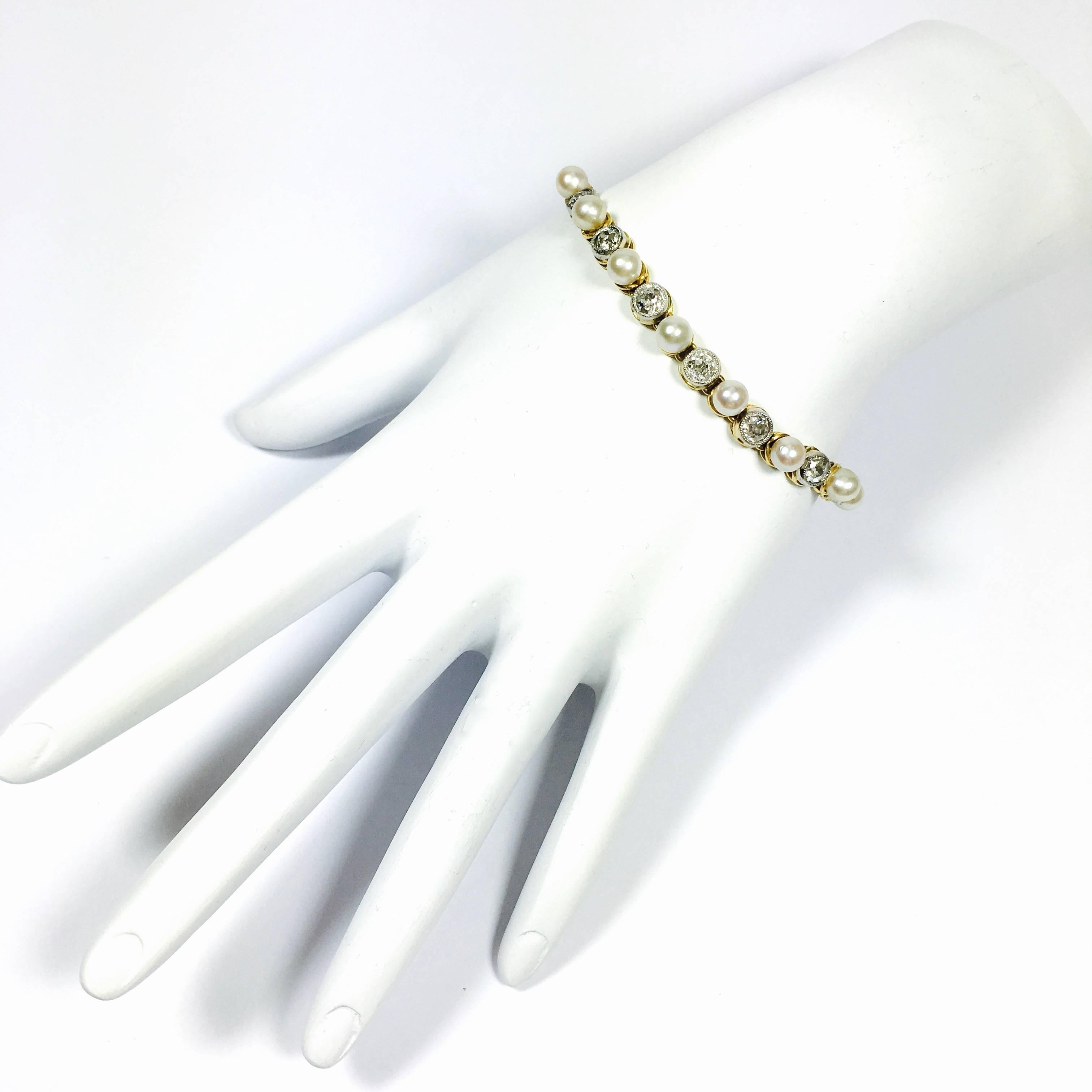 Women's Antique Certified Natural Pearl Diamond Gold Bracelet For Sale